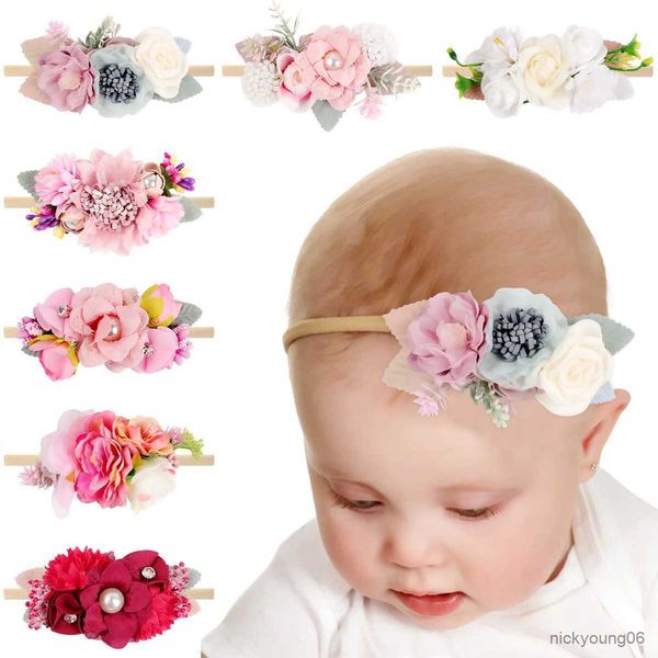 

hair accessories cute pearl floral ties princess headbands newborn baby hairband elastic rope for girls flower toddler r230608, Slivery;white