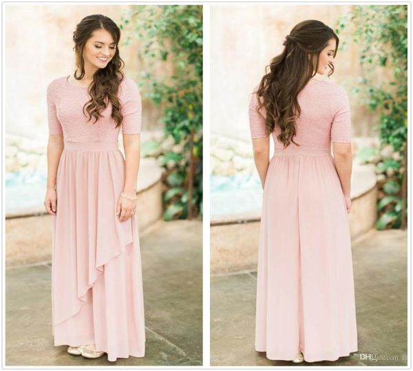 

modest pink long a line bridesmaid dresses elegant 12 long sleeves lace chiffon country boho wedding gust maid of honor dresses1816461, White;pink