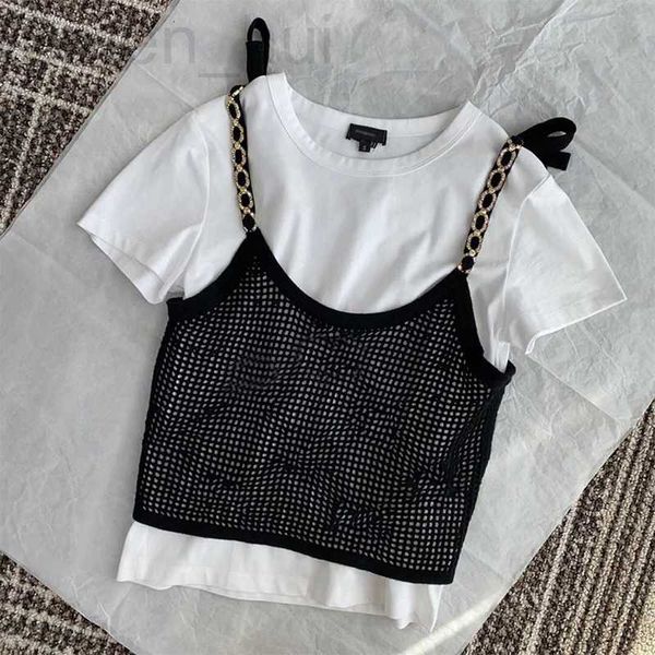 

women's t-shirt designer 2022 new women summer lady o-neck short sleeve t-shirt with hollow out knitted straps contrast color two piec, White