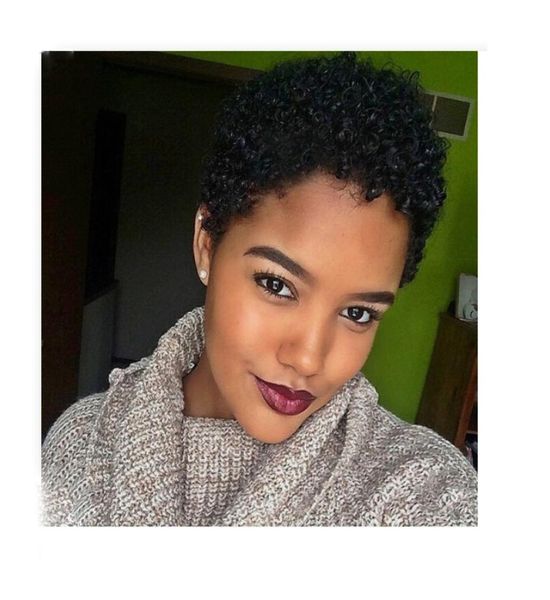 

beautiful short pixie cut curl full wig brazilian african american hairstyle simulation human hair kinky curly wigs1061710, Black