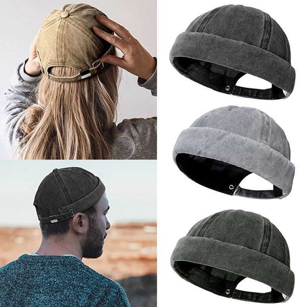 

fashionable new style brimless docker cap washed style boy girls student skullcap hats men cotton beanie docker brimless hat rolled cuff har, Silver