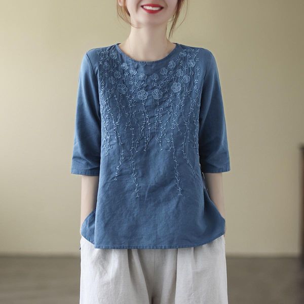 

t-shirt women retro cotton linen tshirt solid color half sleeve blouse embroidery loose round neck summer zen tea traditional tee, White