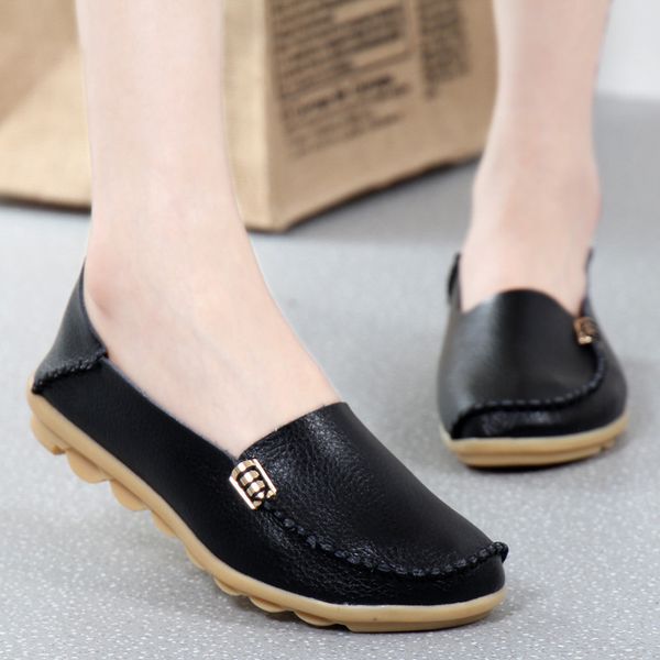 

women flats shoes slip on genuine leather loafers for women's moccasins loafers flats ladies shoes plus size sapato feminino, Black
