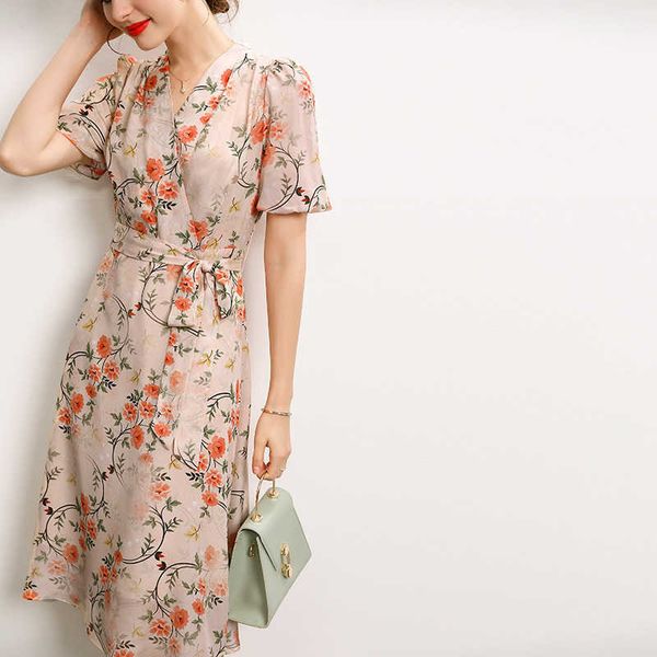 

silk dress summer new v-neck lace temperament waist fairy silk dress, Black;gray