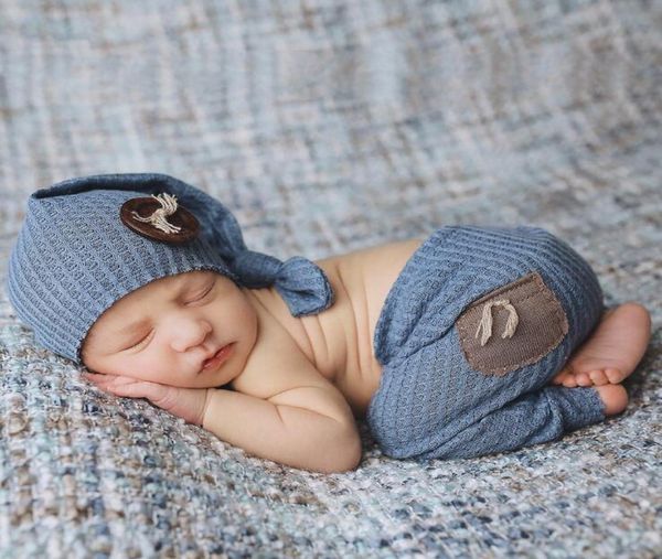 

newborn rompers pography props baby boy knitted outfits crochet hat pants set4770917, Blue