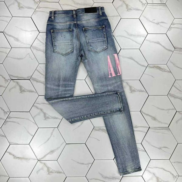 

hm6200 mens jeans distressed motorcycle biker jean rock skinny slim ripped hole stripe fashionable snake embroidery denim pants, Blue