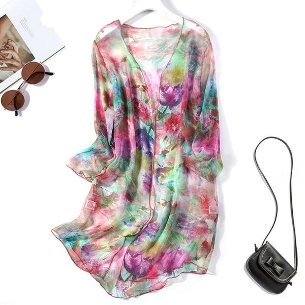 

t-shirt women's 100% silk print long thin kimono cardigan shawl coat blouse summer beach cover up  jn005, White