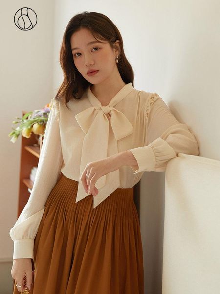 

shirts dushu french elegant laceup bow knot shirt for women spring summer new sweet style slim thin solid color female blouses, White