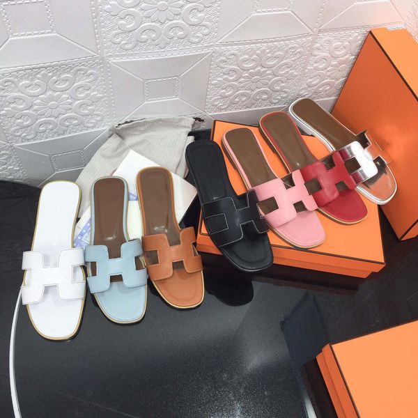 

designer women sandals genuine leather flat slippers 2023 summer fashion beach h letter drag nude black white brown matte women's slipp