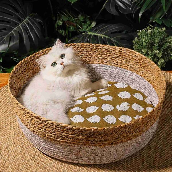 

cat carriers houses cute pet cat bed round hand woven rattan cat beds summer cooling kitten basket cotton rope cat baskets r230608