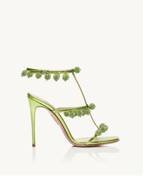 

famous summer aquazzura cha crystal high-heeled sandals green party dress shoes stiletto mules diamond ball embellished metal sheepskin open, Black