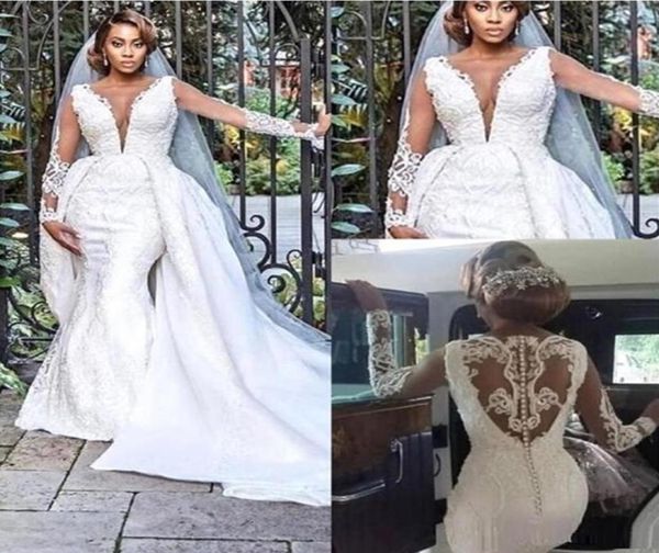 

dubai stunning mermaid wedding dresses with detachable skirts sheer long sleeves appliques backless bridal gowns long wedding dres2389366, White