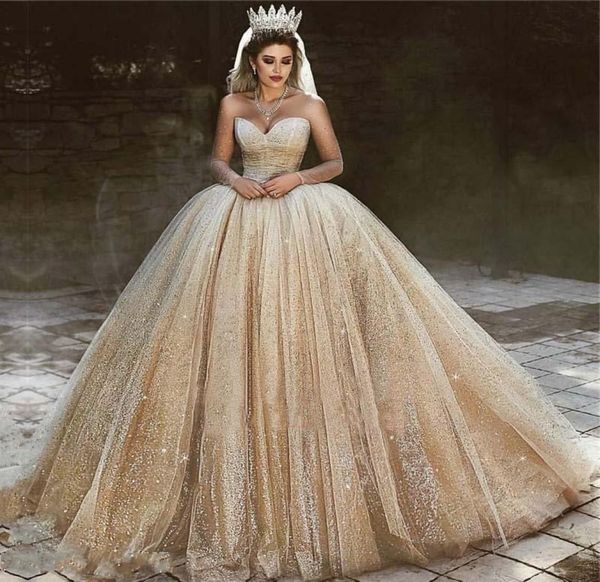 

luxury arabic gold wedding dresses 2020 sequins princess ball gown royal wedding dress sweetheart sparkly princess bridal gowns5902160, White
