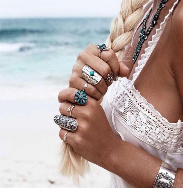 

bohemian knuckle ring sets 9 pcs set antique silver alloy turquoise arrow ring sets for girlsladies7801093