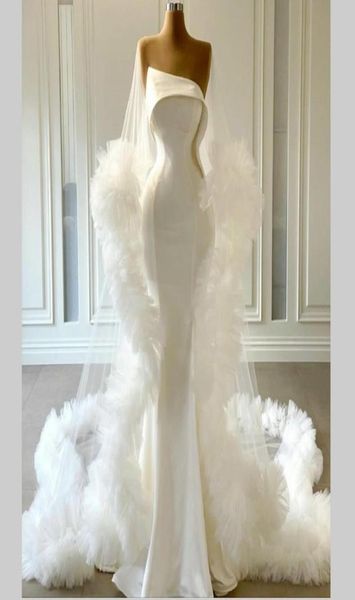 

modest satin mermaid wedding dresses with wrap ruffles tulle strapless customize vestido de novia new fashion bohemia birdal dress1372888, White