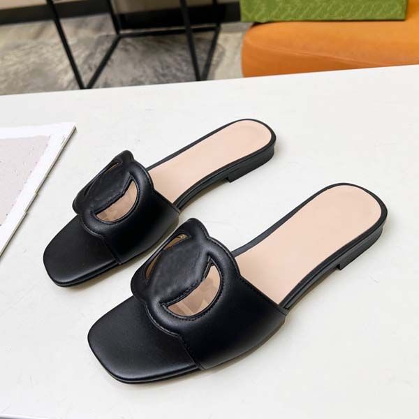 

designer women sandals womens slides calf leather fashion platform casual shoes summer beach slipper 34-45 with box, Black