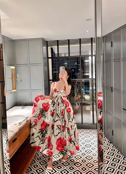 

basic & casual dresses european luxury designer dress spring/summer 2023 new dianthus caryophyllus flora strap long dress, Black;gray