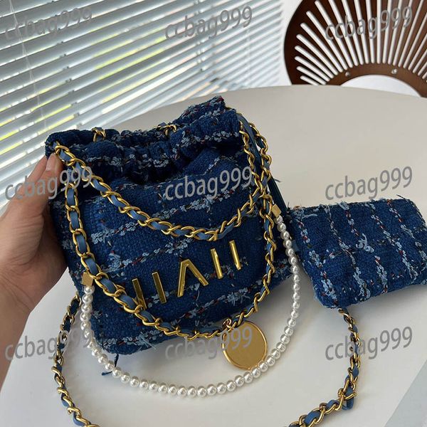 

dark blue classic tweed 22 gold coin shoulder designer bag two sizes tote large capacity hand crossbody luxury handbag gold hardware outdoor