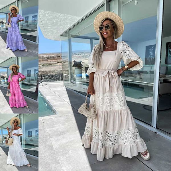 

sales new lace splice dress casual loose waist tie up dress women, Black;gray