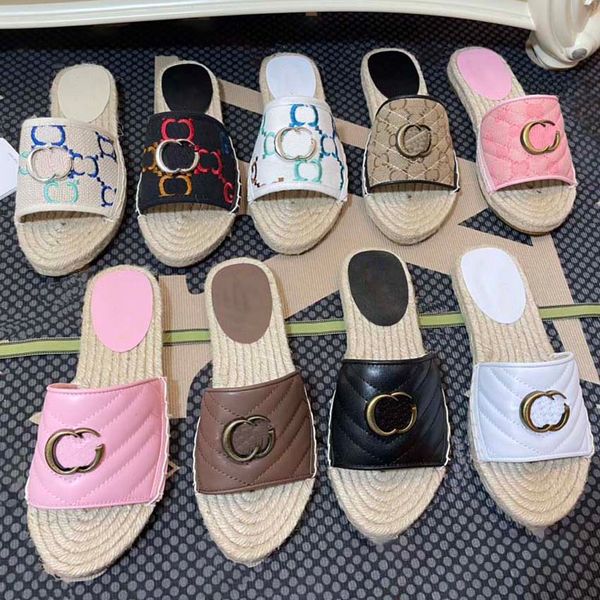 

braid straw sole slippers women classic flats thick bottom heel summer lazy designer fashion flip flops quilted leather lady slides