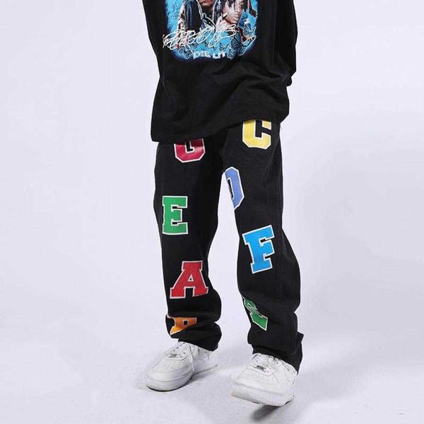 

men's jeans man high street color letter printed male vibe straight loose oversize casual denim trousers couple retro hip hop jean pant, Blue