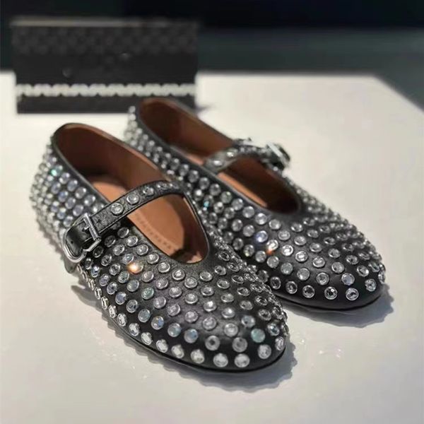 

2023 summer round toe rhinestone flat ballet shoes women brand leather rivet buckle strap loafers shoes causal walking shoes, Black
