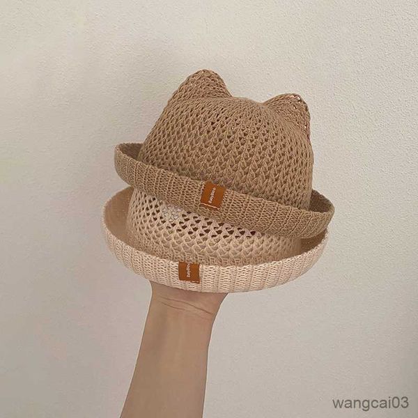 

caps hats baby straw hat summer beach crochet hollow out sun cap cute bear ear toddler outdoor handmade fisherman hat, Yellow
