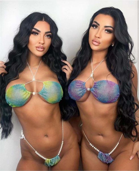 

womens super particle swimwears rhinestone push up chest triangle pearl bikini, White;black