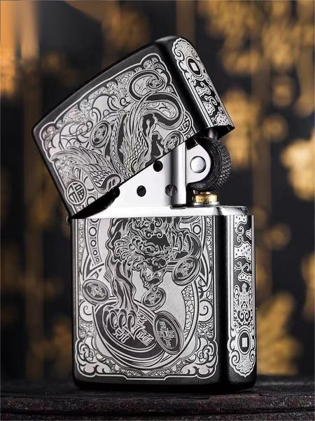 

zipo official genuine lighter black yao ice inviting wealth brave genuine windproof kerosene lighter men's gift, Silver