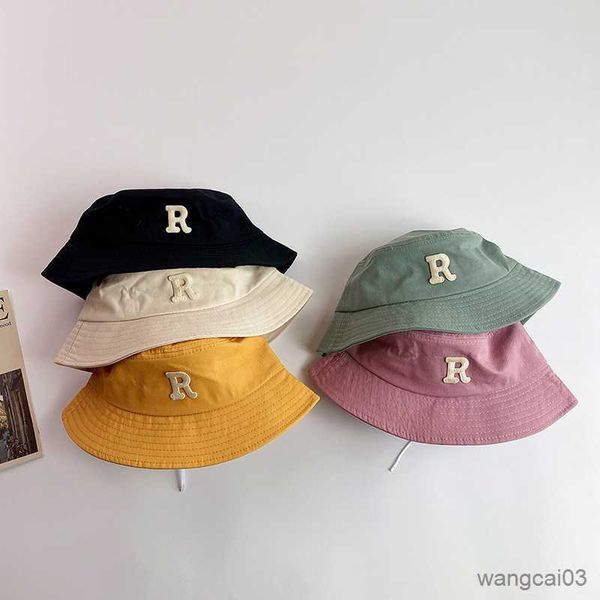

caps hats summer kids bucket hat solid letter embroidery baby boys girls sun hat outdoor children fisherman cap, Yellow