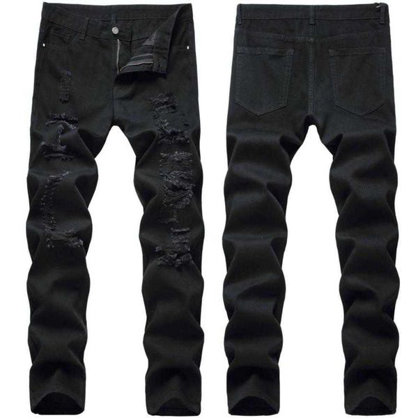 

men high street ripped jeans black trendy men pants, Blue
