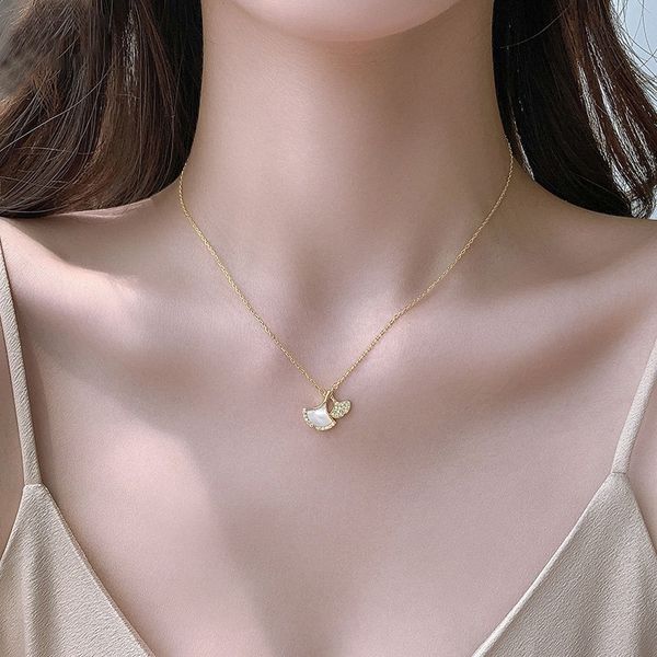 

pendant necklaces necklace women's gold ginkgo leaf shell micro set zircon pendant collar chain premium accessories, Silver
