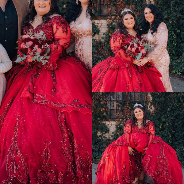 

princess quinceanera dresses with flare long sleeve plus size prom sweet 16 dress v-neck burgundy lace sequins appliques 15 girls formal dre, Blue;red