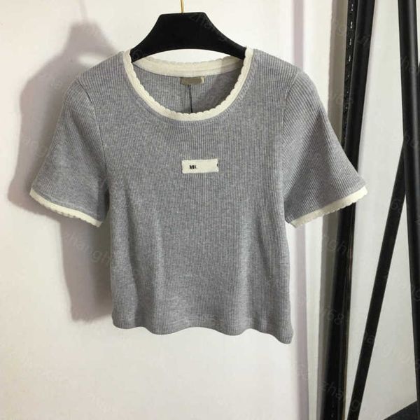 

23ss womens designer clothing womens knits color contrast chest logo letter patch cloth slim-fit short-sleeved sweater womens clothes a1, White