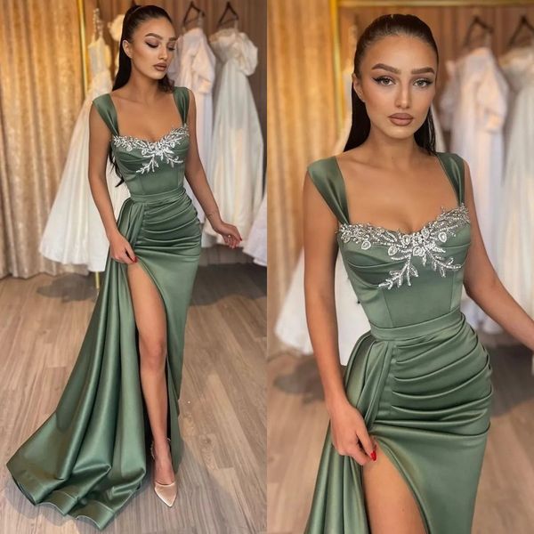

straps prom dresses high split beads green party dress sweep train dresses for special occasions evening gown, Black
