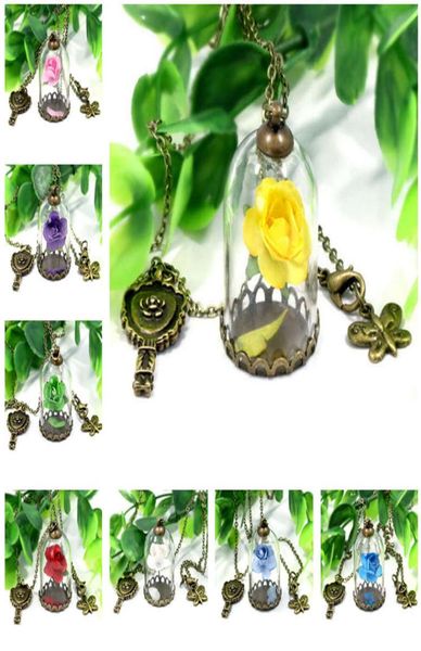 

fashion beauty beast glass cover pendant key butterfly rose flower glass bottle necklace djn319 mix order pendant necklaces jewelr6802833, Silver
