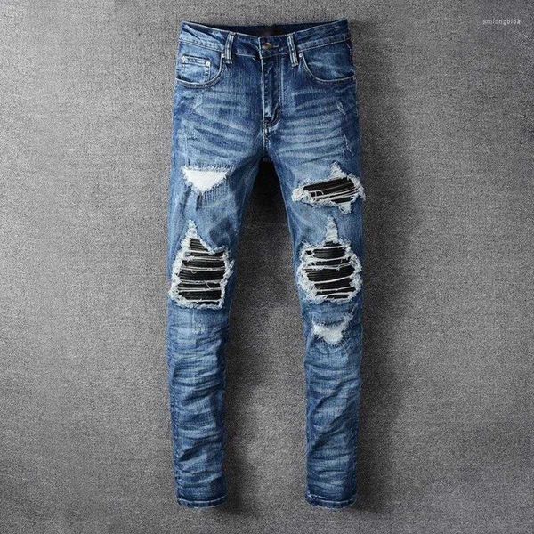

men's jeans hip hop wrinkled holes blue men trendy leather patchwork slim fit trousers stretch big size four seasons denim pants
