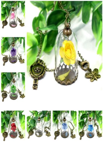 

fashion beauty beast glass cover pendant key butterfly rose flower glass bottle necklace djn319 mix order pendant necklaces jewelr1188943, Silver