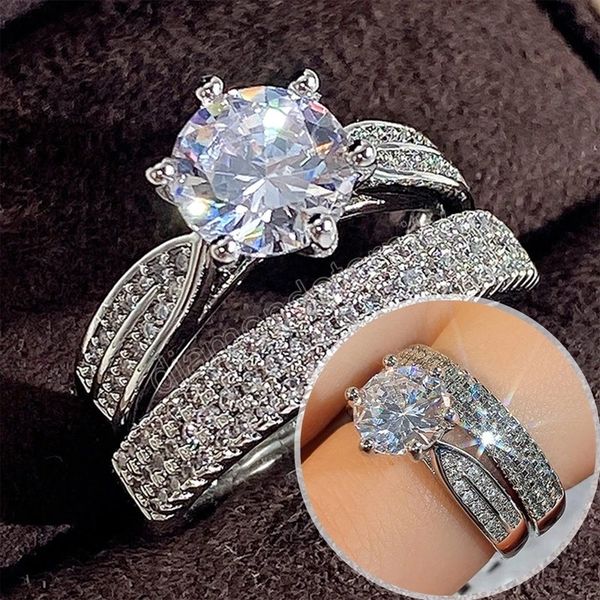 

luxury trendy wedding sets rings for women 2pcs full bling iced out aaa cubic zircon rings engagement bands party jewelry, Silver