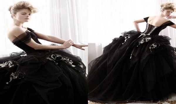 

fairy offtheshoulder gothic wedding dresses with 3d flowers ruffles skirt black wedding dress ball gown lace up back bridal dres3412427, White