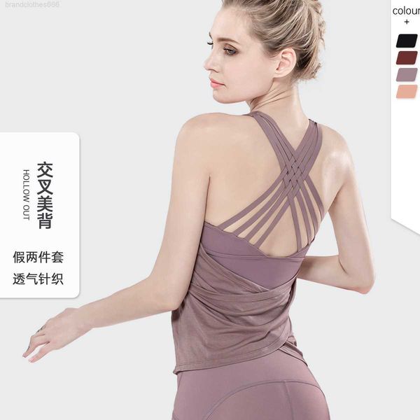 

new yoga suit fake two piece sports vest women's cross back shockproof running fitness bra