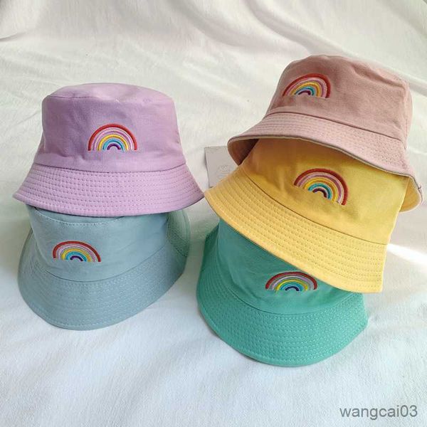 

caps hats kids bucket hat double-sided wear rainbow newborn boy girl caps 2023 spring summer baby outdoor beach children sun hats, Yellow