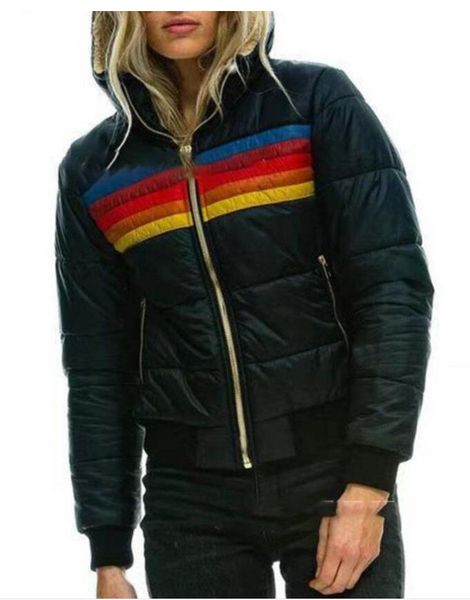 

women's jackets women rainbow printed jacket winter hooded cotton padded coats female korean loose puffer parkas ladies outwear, Black;brown