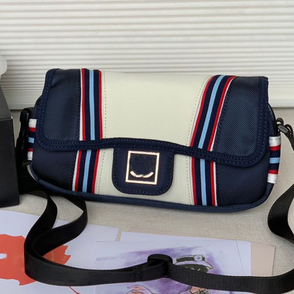 

panelled women designer classic flap cf bag waterproof nylon silver metal hardware adjustable wide strap stripes cross body shoulder sport h