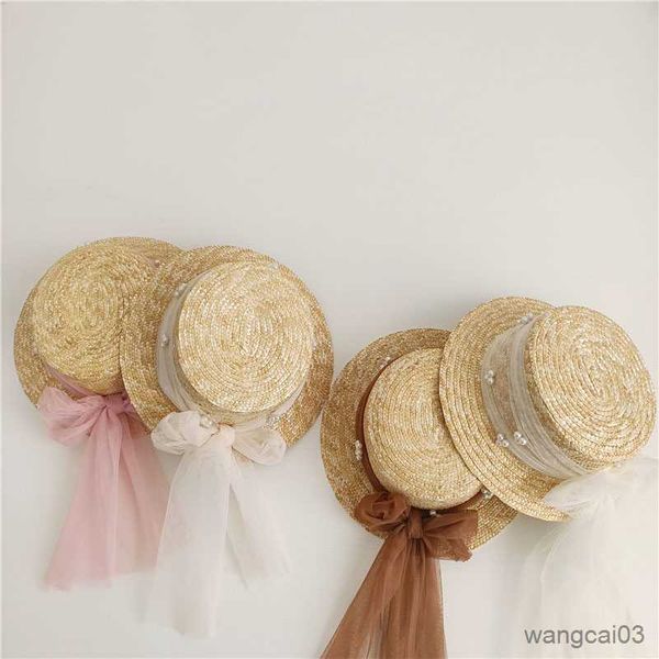 

caps hats style lace mesh pearl sunhat for baby girls straw hat princess holiday beach cap children girls fashion accessories, Yellow