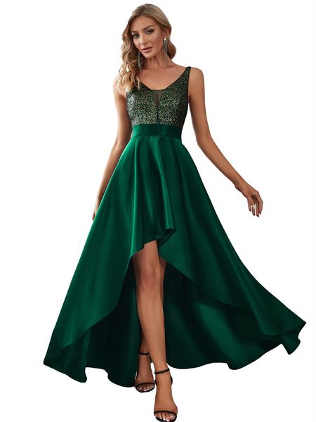 

long sweety formal evening dresses hi-lo spaghetti sequins deep v-neck satin a-line plus size prom party gowns 12, Black;red