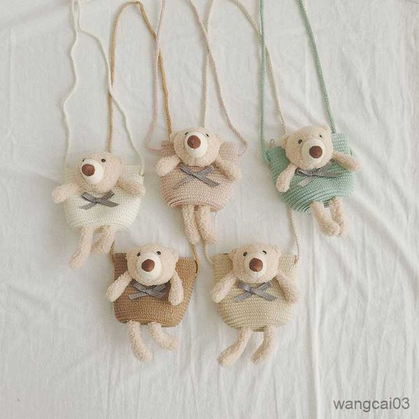 

backpacks cute bear girl's shoulder bags colorful straw children's messenger bag princess handbag crossbody child girl coin purse