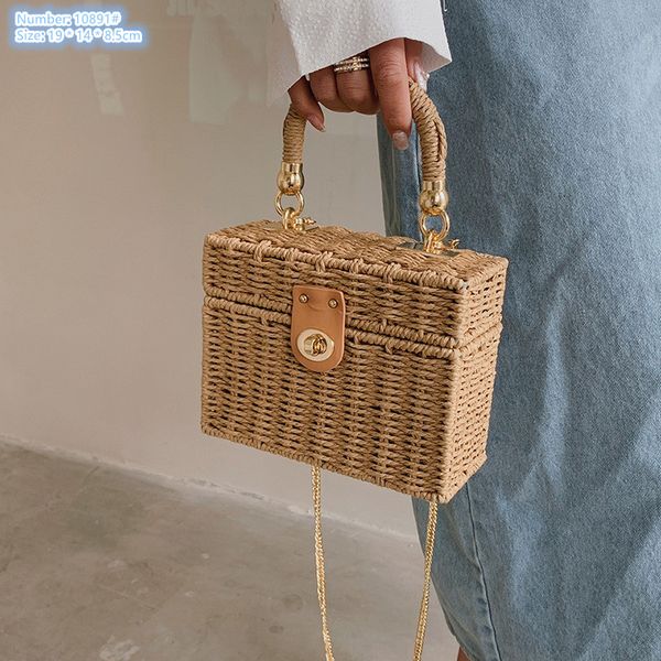 

Factory wholesale ladies shoulder bags 3 colors small fresh straw handbag summer beach holiday stereotypes woven mobile phone coin purse hard box chain bag, Brown-10891#