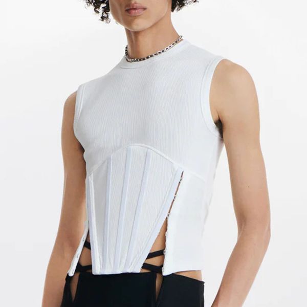 

men' tank 2023 stretch slim t-shirt knitted solid color trendy streetwear men fashion tank vest mens clothing, White;black