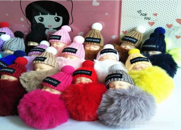 

cute sleep baby doll keychain hand made pompom rabbit fur ball carabiner key chain holders key rings bag pendants 21 colors5516996, Silver